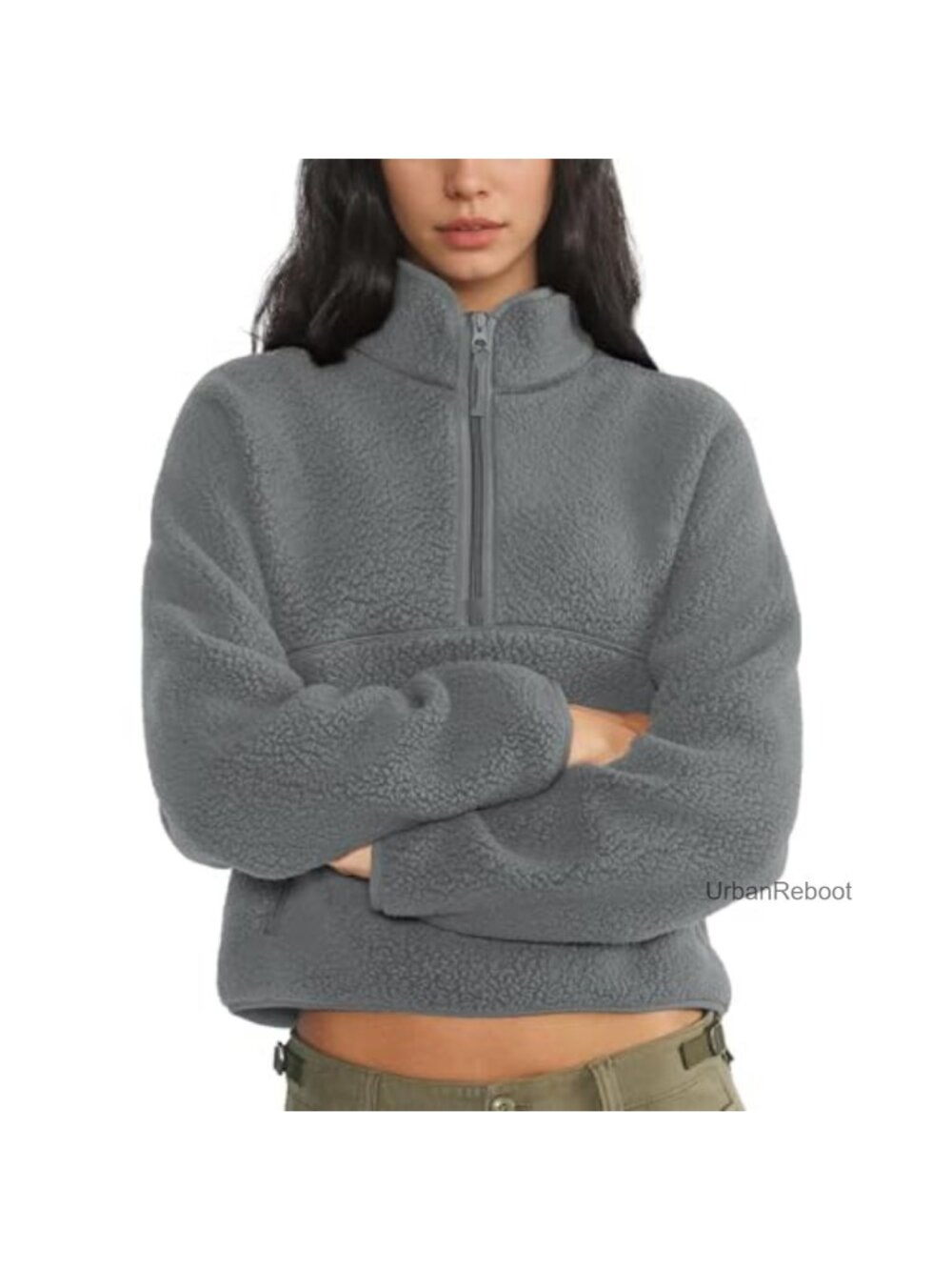 Womens Cropped Half Zip Sherpa Fleece Pullover Sweatshirt Fuzzy Warm